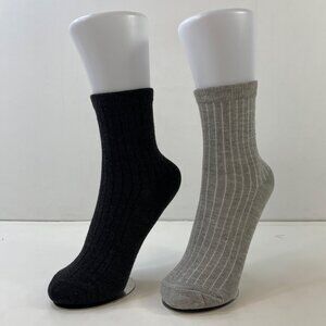 Womens Crew Socks Set 2 Solid Textured Ribbed Black Gray